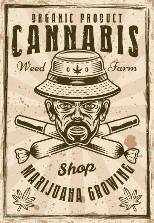 Ilustración de Marijuana growing vintage poster with stoner men head in bucket hat and crossed blunts vector illustration. Layered, separate texture and text - Imagen libre de derechos