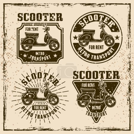 Ilustración de Scooter for rent set of vector emblems, logos, badges or labels in vintage style on background with textures - Imagen libre de derechos