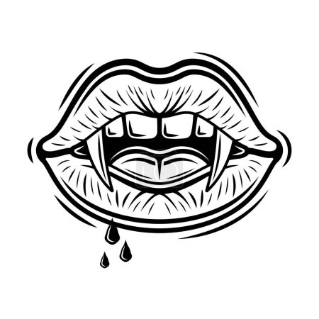 Ilustración de Vampire women mouth with fangs and blood drops vector illustration in vintage tattoo style isolated on white - Imagen libre de derechos