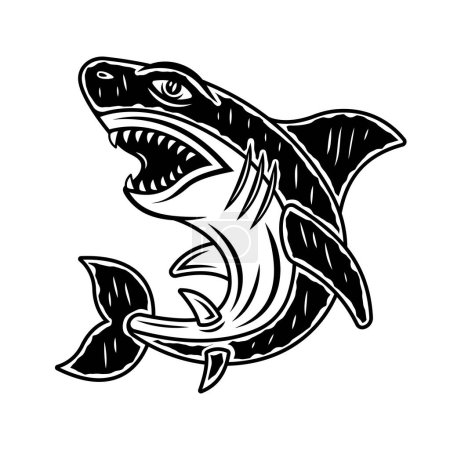 Téléchargez les illustrations : Shark vector monochrome illustration in vintage style isolated on white - en licence libre de droit
