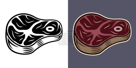 Téléchargez les illustrations : Steak vector illustration in two styles black on white and colored on grey background - en licence libre de droit