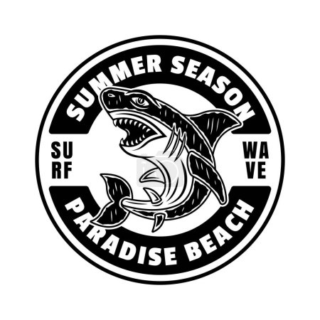 Téléchargez les illustrations : Summer season vector surfing emblem, label, badge or logo with shark. Illustration in monochrome style isolated on white - en licence libre de droit