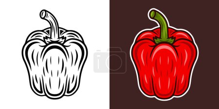 Téléchargez les illustrations : Bell pepper vector illustration in two styles black on white and colored on dark background - en licence libre de droit