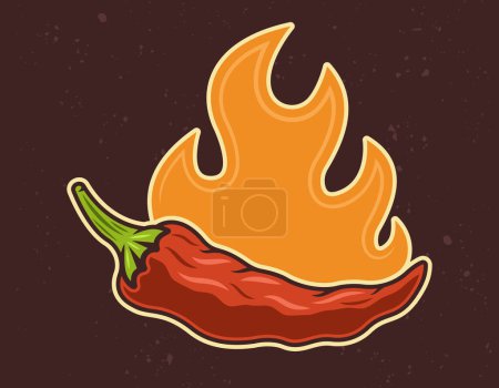 Ilustración de Chili pepper with flame vector illustration in colorful cartoon style on dark background - Imagen libre de derechos