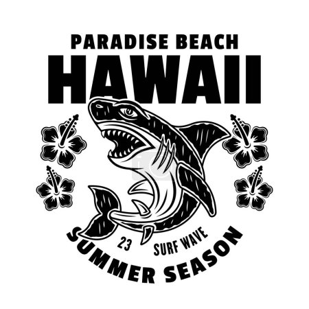 Téléchargez les illustrations : Hawaii surfing paradise beach vector vintage emblem, label, badge or logo with shark. Illustration in monochrome style isolated on white - en licence libre de droit
