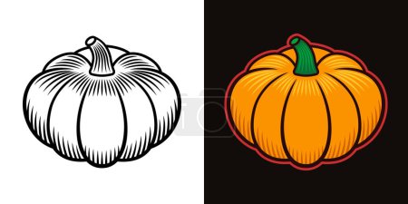 Ilustración de Pumpkin vector illustration in two styles black on white and colored on dark background - Imagen libre de derechos