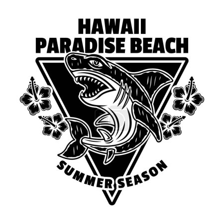Téléchargez les illustrations : Hawaii paradise beach vector vintage emblem, label, badge or logo with shark. Illustration in monochrome style isolated on white - en licence libre de droit