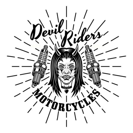 Ilustración de Biker club vector emblem, logo, badge, label, sticker or print with devil girl head and spark plugs. Illustration in monochrome style isolated on white - Imagen libre de derechos
