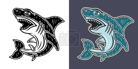 Téléchargez les illustrations : Shark in two styles monochrome on white and colored on grey background vector illustration - en licence libre de droit