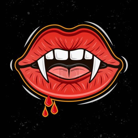 Téléchargez les illustrations : Vampire women mouth with fangs and blood drops vector illustration in colorful style on dark background - en licence libre de droit