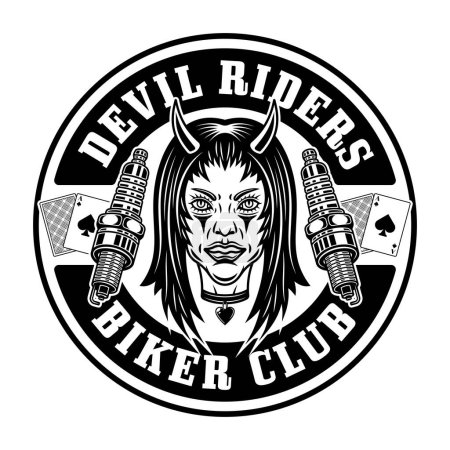 Illustration for Biker club vector round emblem, logo, badge, label, sticker or print with devil girl head and spark plugs. Illustration in monochrome style isolated on white - Royalty Free Image