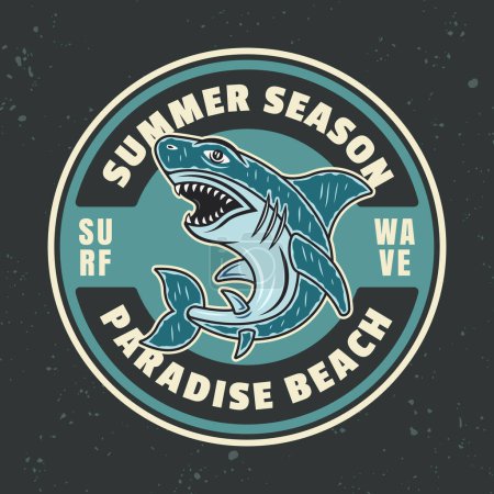 Illustration for Hawaii paradise beach vector vintage emblem, label, badge or logo with shark. Illustration in colorful style on dark background - Royalty Free Image
