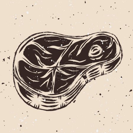 Téléchargez les illustrations : Steak vector illustration in hand drawn vintage style on background with grunge textures - en licence libre de droit