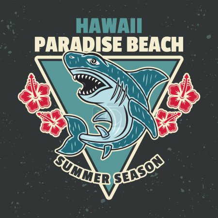 Ilustración de Hawaii paradise beach vector vintage emblem, label, badge or logo with shark. Illustration in colorful style on dark background - Imagen libre de derechos