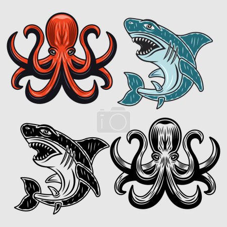 Téléchargez les illustrations : Octopus and shark set of vector animals in two styles colorful and black and white - en licence libre de droit