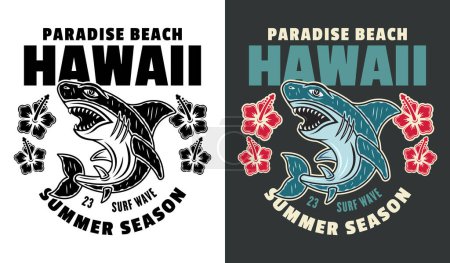 Ilustración de Hawaii surfing paradise beach vector vintage emblem, label, badge or logo with shark. Illustration in two styles black on white and colored on dark background - Imagen libre de derechos