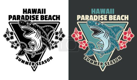Téléchargez les illustrations : Hawaii paradise beach vector vintage emblem, label, badge or logo with shark. Illustration in two styles black on white and colored on dark background - en licence libre de droit