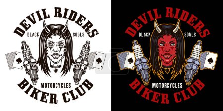 Illustration for Biker club vector emblem, logo, badge, label, sticker or print with devil girl head and spark plugs. Illustration in two styles black on white and colored on dark background - Royalty Free Image