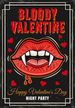 Téléchargez les illustrations : Bloody valentine vintage colored poster vampire women mouth with fangs and blood drops. Vector illustration with textures and text on separate layers - en licence libre de droit
