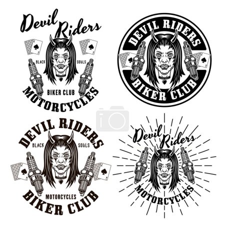 Ilustración de Biker club set of four vector emblems, logos, badges, labels, stickers with devil girl head and spark plugs. Illustration in monochrome style isolated on white - Imagen libre de derechos