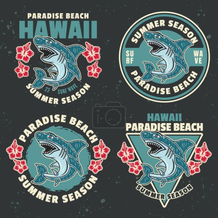 Téléchargez les illustrations : Summer season, hawaii paradise beach set of vector emblems, labels, badges or logos in colorful style with shark on dark background - en licence libre de droit