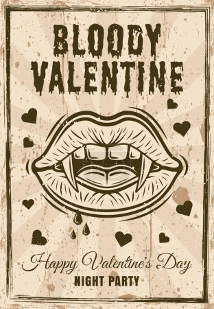 Téléchargez les illustrations : Bloody valentine vintage poster vampire women mouth with fangs and blood drops. Vector illustration with textures and text on separate layers - en licence libre de droit