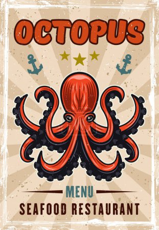 Téléchargez les illustrations : Octopus vector colored advertising poster for seafood restaurant in vintage style with textures and text on separate layers - en licence libre de droit