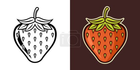 Téléchargez les illustrations : Illustration vectorielle plate colorée aux fraises en deux styles noir sur blanc et coloré sur fond sombre - en licence libre de droit