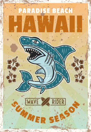 Téléchargez les illustrations : Hawaii paradise colored vintage surfing poster with shark vector illustration, text and textures on separate layers - en licence libre de droit