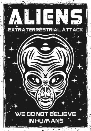 Téléchargez les illustrations : Alien head vintage black and white poster vector illustration with grunge textures and text on separate layer - en licence libre de droit
