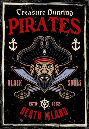 Illustration for Pirates vector poster with men head in hat and crossed sabers colored illustration. Layered, separate textures and text - Royalty Free Image