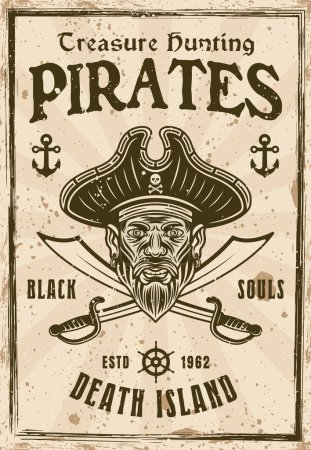 Illustration for Pirates vintage poster with men head in hat and crossed cabers vector illustration for invitation on event. Layered, separate textures and text - Royalty Free Image