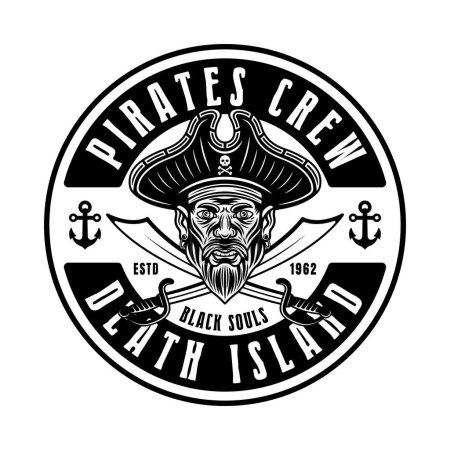 Ilustración de Piratas vector emblema redondo con la cabeza de los hombres y dos sables cruzados ilustración vintage monocromo aislado en blanco - Imagen libre de derechos