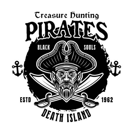 Téléchargez les illustrations : Pirates chasse au trésor vecteur emblème monochrome vintage illustration isolée sur blanc - en licence libre de droit
