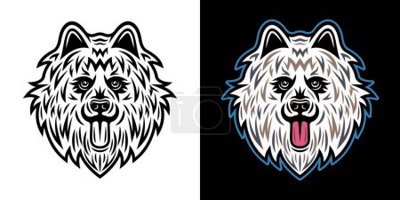 Téléchargez les illustrations : Samoyed dog head vector two styles illustration black on white and colorful on dark background - en licence libre de droit