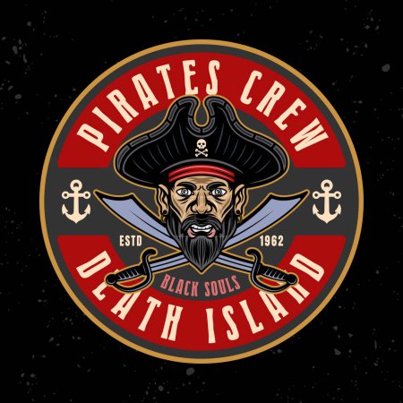 Ilustración de Piratas vector emblema redondo con la cabeza de los hombres y dos sables cruzados. Ilustración en estilo de color sobre fondo oscuro - Imagen libre de derechos