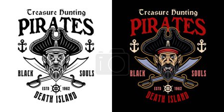 Illustration for Pirates vector emblem with men head and two crossed sabers. Illustration in two styles black on white and colored on dark background - Royalty Free Image
