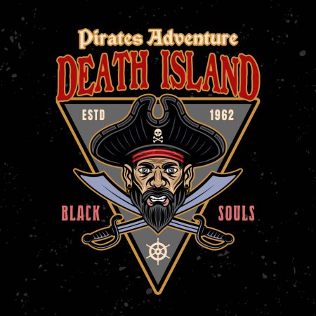 Illustration for Death island vector pirate emblem with men head and two crossed sabers colorful vintage illustration on dark background - Royalty Free Image