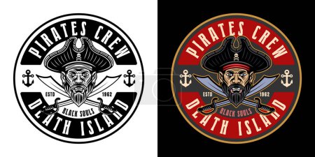 Illustration for Pirates vector round emblem with men head and two crossed sabers. Illustration in two styles black on white and colored on dark background - Royalty Free Image