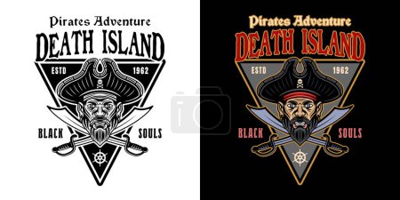 Ilustración de Death island vector pirate emblem with men head and two crossed sabers. Illustration in two styles black on white and colored on dark background - Imagen libre de derechos
