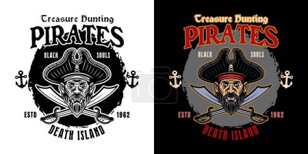 Ilustración de Piratas tesoro emblema vector de caza. Ilustración en dos estilos negro sobre blanco y coloreado sobre fondo oscuro - Imagen libre de derechos