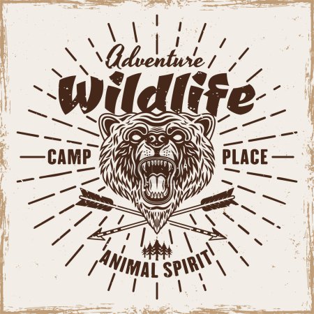 Ilustración de Emblema de la vendimia del oso, insignia, etiqueta o logotipo para camping e ilustración vectorial al aire libre - Imagen libre de derechos
