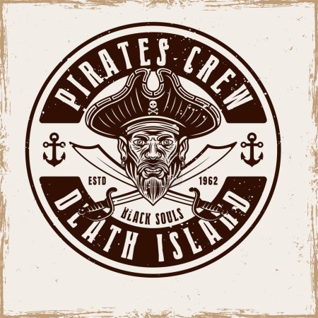 Illustration for Pirates vector round emblem with men head and two crossed sabers in vintage style illustration isolated on background with removable textures - Royalty Free Image