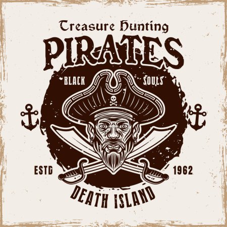 Ilustración de Pirates treasure hunting vector emblem in vintage style illustration isolated on background with removable textures - Imagen libre de derechos
