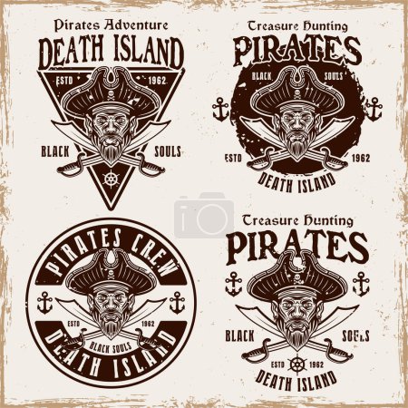 Ilustración de Pirates set of vector emblems in vintage style illustration isolated on background with removable textures - Imagen libre de derechos