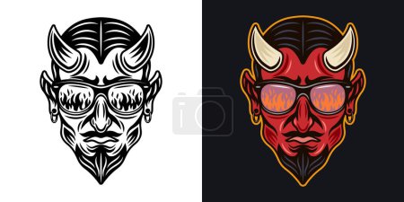 Ilustración de Diablo en gafas de sol que reflejan la llama. Ilustración vectorial en dos estilos negro sobre blanco y coloreado sobre fondo oscuro - Imagen libre de derechos