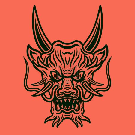 Illustration for Japanese dragon with horns vector illustration in vintage style on red background - Royalty Free Image