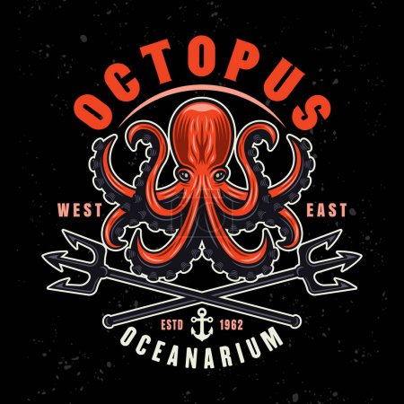 Ilustración de Octopus and two crossed neptune tridents vector emblem, logo, badge, label illustration in colored style on dark background - Imagen libre de derechos