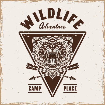 Ilustración de Bear grunge emblem, badge, label or logo for camping and outdoors vector vintage illustration - Imagen libre de derechos