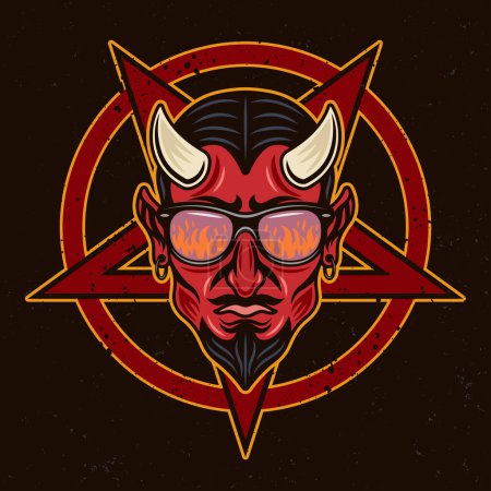 Illustration for Devil head in sunglasses that reflect flame and pentagram upside down star vector illustration in colored style on dark background - Royalty Free Image